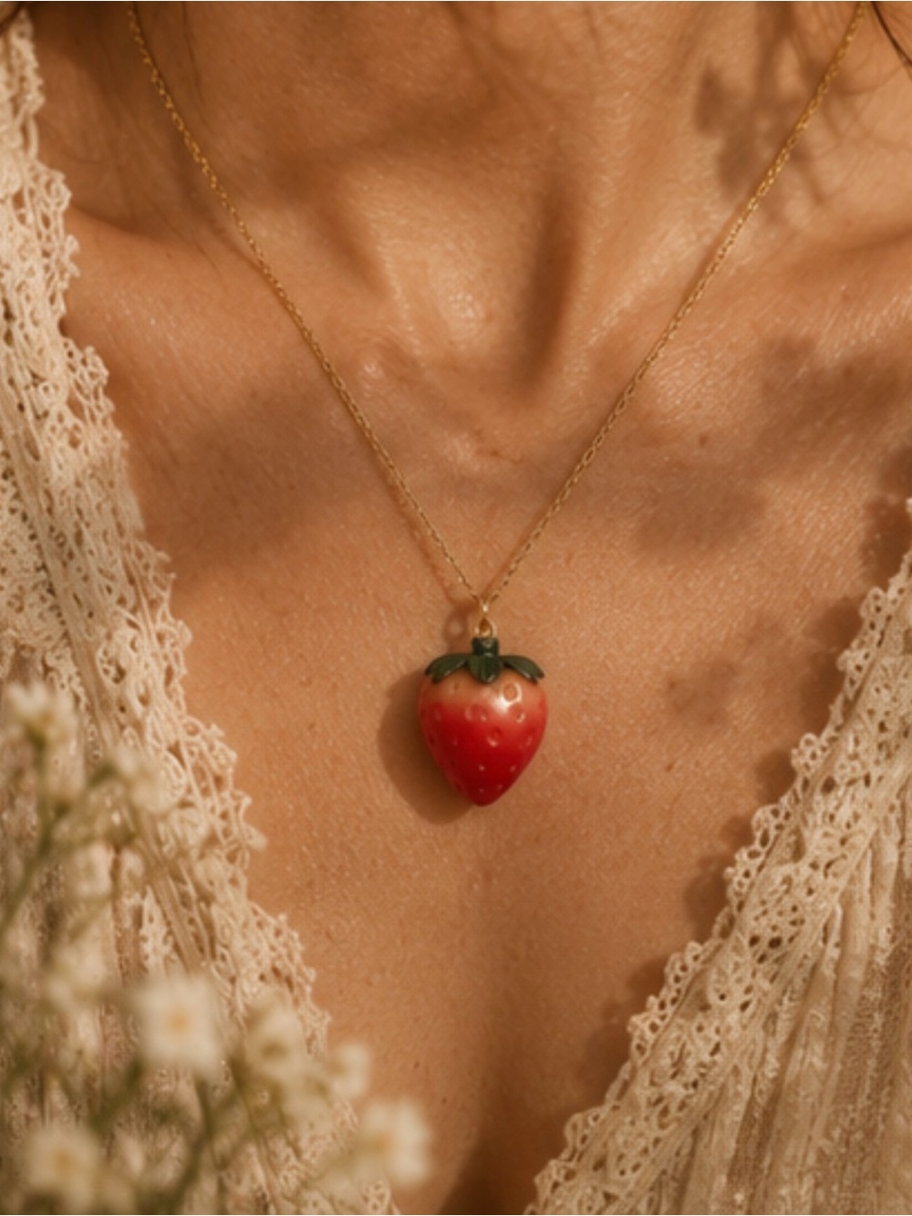 Gold-Tone Strawberry Pendant Necklace - Red